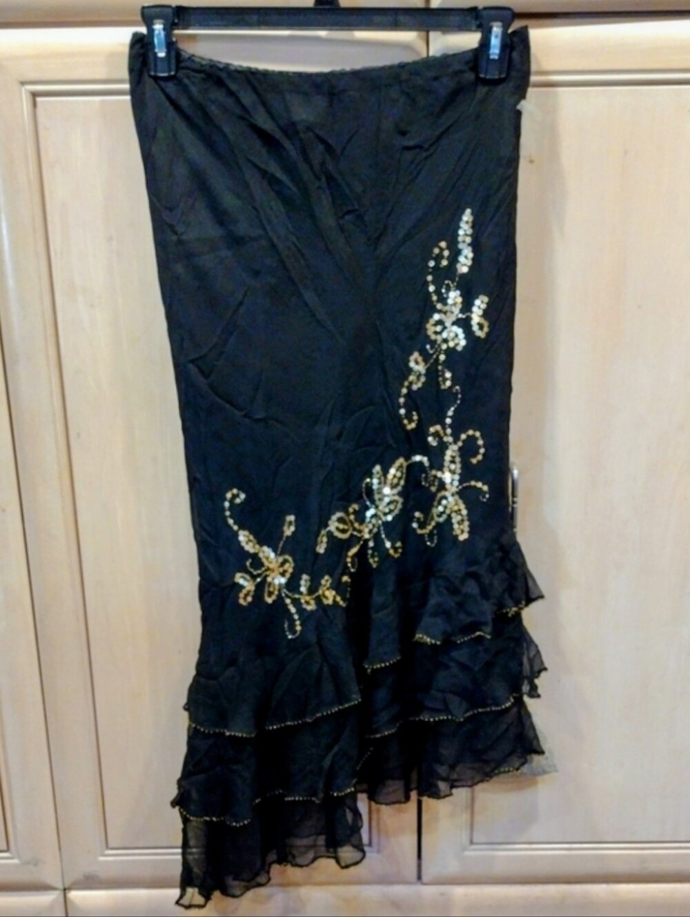 Vtg Y2K Mixit Blk Silk Ruffle Midi Skirt W/ Gold Sequins & Beads NWOT